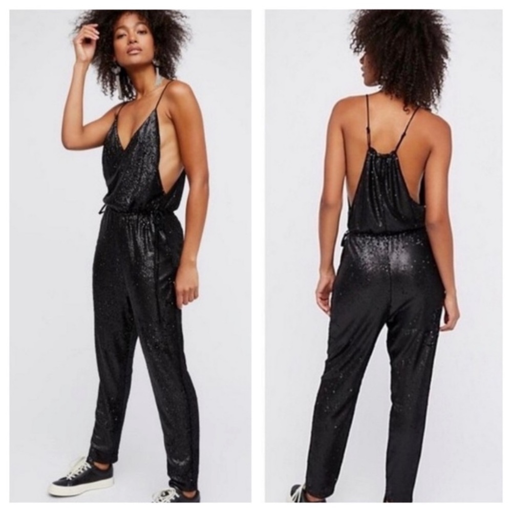 Free People Black Sparkly Sequin Jumpsuit